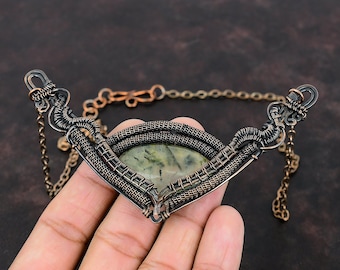 Moss Prehnite Necklace Copper Wire Wrapped Necklace Handmade Adjustable Chain Necklace Copper Jewelry Wire Wrapped Gemstone Jewelry For Gift