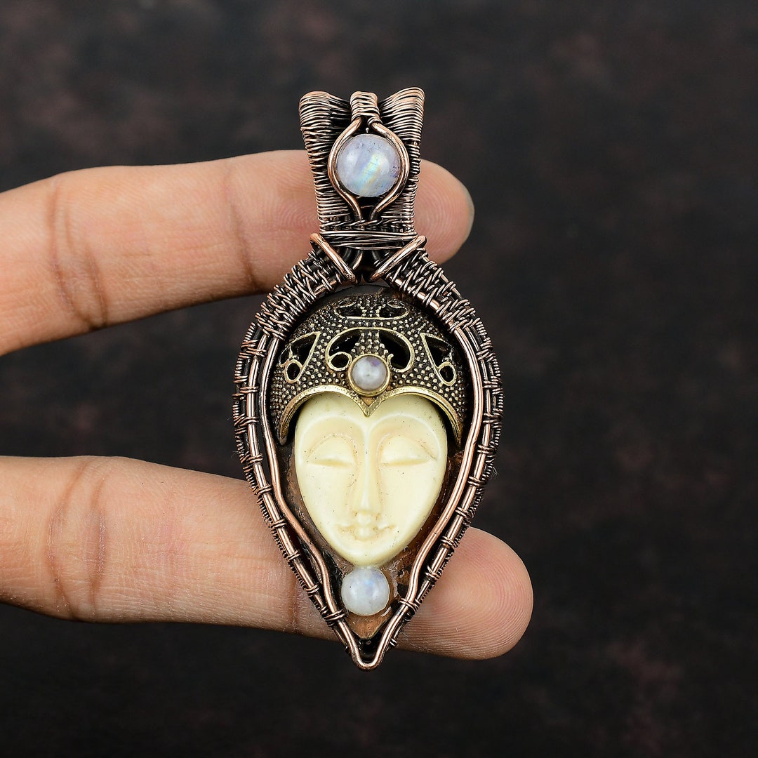 White Carved Bone Face Pendant Copper Wire Wrapped Jewelry Rainbow Moonstone Pendant Handmade