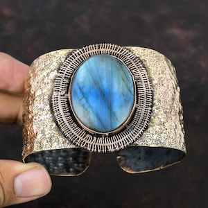 Labradorite Cuff Bracelet Copper Wire Wrapped Jewelry Adjustable Bracelet Real Gemstone Cuff Bracelet Handmade Cuff Copper Wire Wrap Bangle