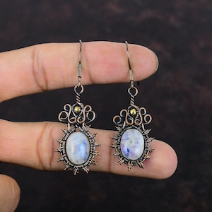 Rainbow Moonstone Earring Copper Wire Wrapped Earrings Handmade Jewelry Gemstone Earrings Copper Jewelry Anniversary Gift Birthstone Earring