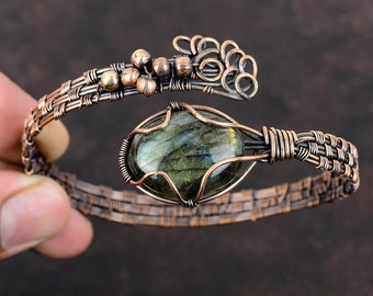 Labradorite Copper Cuff Bracelet Labradorite Bracelet Wire Wrapped Jewelry Adjustable Bracelet Gemstone Cuff Bracelet Handmade Bangle Gift