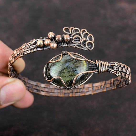 Labradorite Copper Cuff Bracelet Labradorite Bracelet Wire Wrapped Jewelry Adjustable Bracelet Gemstone Cuff Bracelet Handmade Bangle Gift