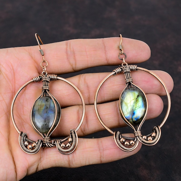 Labradorite Copper Earring Copper Wire Wrapped Jewelry Original Gemstone Earring Handmade Jewelry Wire Wrapped Earrings Wedding Jewelry Gift