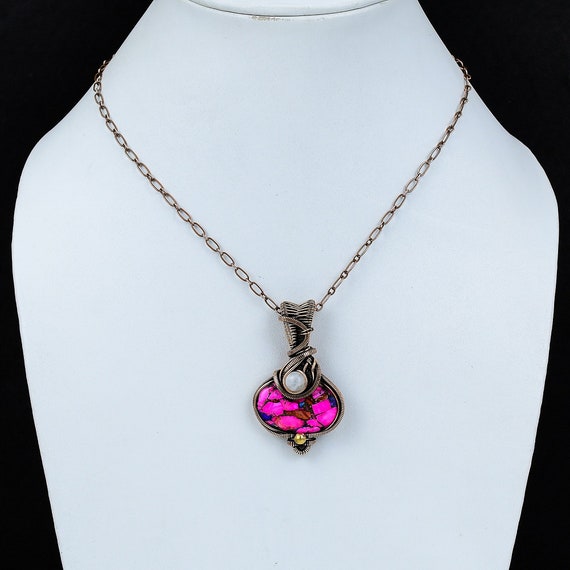 Natural Kingman Pink Dahlia Turquoise Pendant Copper Wire Wrapped