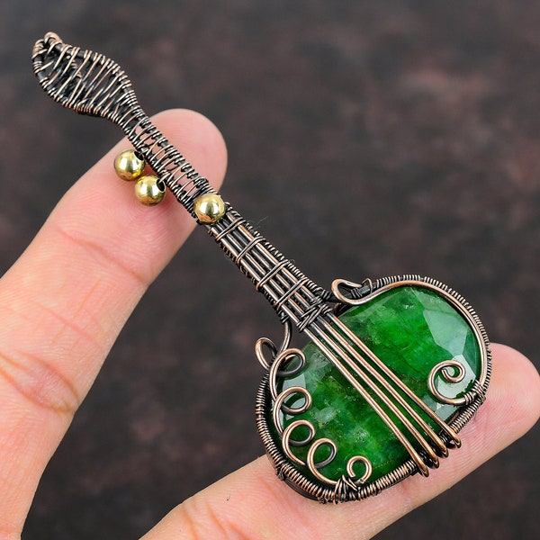 Zambian Emerald Copper Pendant Wire Wrapped Pendant Emerald Guitar Jewelry Handmade Music Instrument Pendant Gift For Mom Gemstone Jewelry