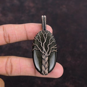 Tree Of Life Silver Sheen Obsidian Pendant Copper Wire Wrapped Pendant Tree Of Life Jewelry Gemstone Copper Jewelry Gift Handmade Pendant