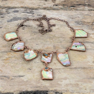 Abalone Shell Rough Necklace Electroformed Copper Necklace Adjustable Chain Necklace Aquamarine Rough Jewelry Handmade Gemstone Necklace