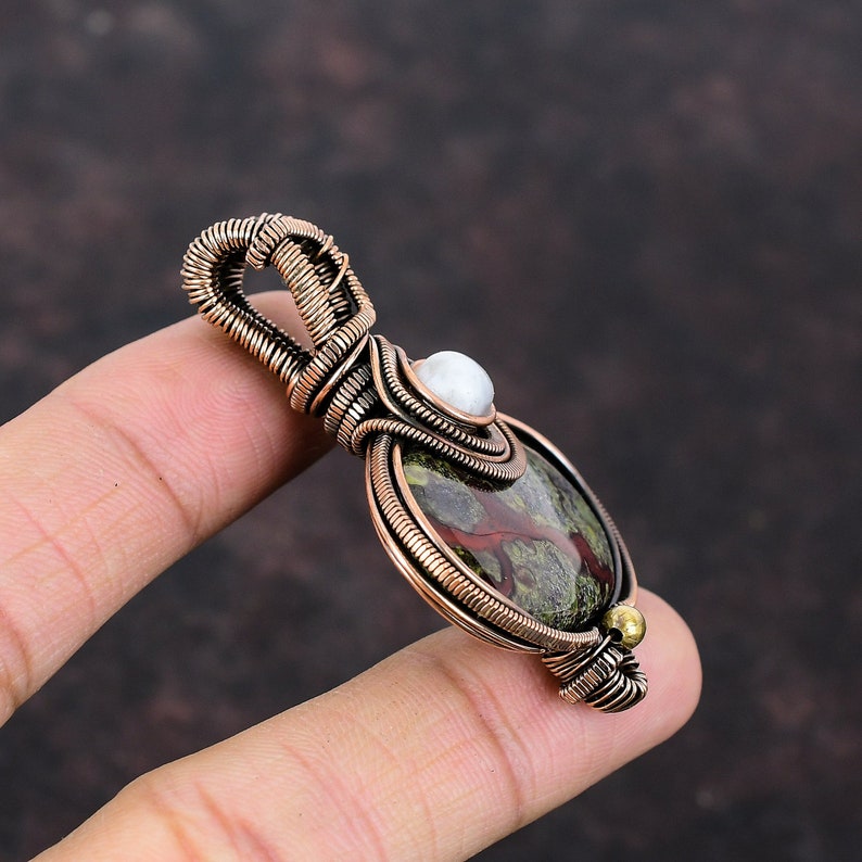 Dragon Bloodstone Pendant Copper Wire Wrapped Rainbow Moonstone Pendant Handmade Pendant Copper Wire Wrap Jewelry Gemstone Pendant For Gift image 8