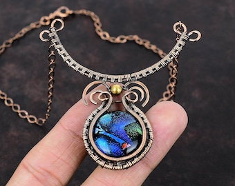 エスニックジュエリー！「ウズキベスタン工芸細工にオリジナルチェーン」ネックレス アメリカンダイクロイックガラスネックレス 銅線で包まれた宝石