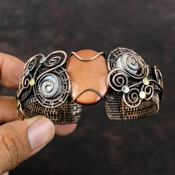 Sun Sitara Cuff Bracelet Rainbow Moonstone Gemstone Bangle Copper