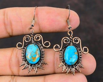 Copper Blue Turquoise Earring Copper Wire Wrapped Earring Gemstone Copper Jewelry Handmade Brand New Earring Wire Wrap Jewelry Gift For Her