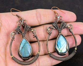 Labradorite Earring Copper Wire Wrapped Earring Gemstone Earrings Labradorite Copper Jewelry Anniversary Gifts Handmade Wire Wrapped Jewelry