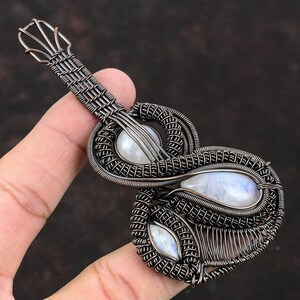Rainbow Moonstone Pendant Copper Wire Wrapped Pendant Wrapping Gemstone Pendant Music Instrument Jewelry Gift For Her Guitar Design Pendant