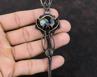 American Dichroic Glass Pendant Copper Wire Wrapped Gemstone Jewelry Stylish Pendant Handmade Jewelry Copper Wire Wrap Pendant Gift For Mom
