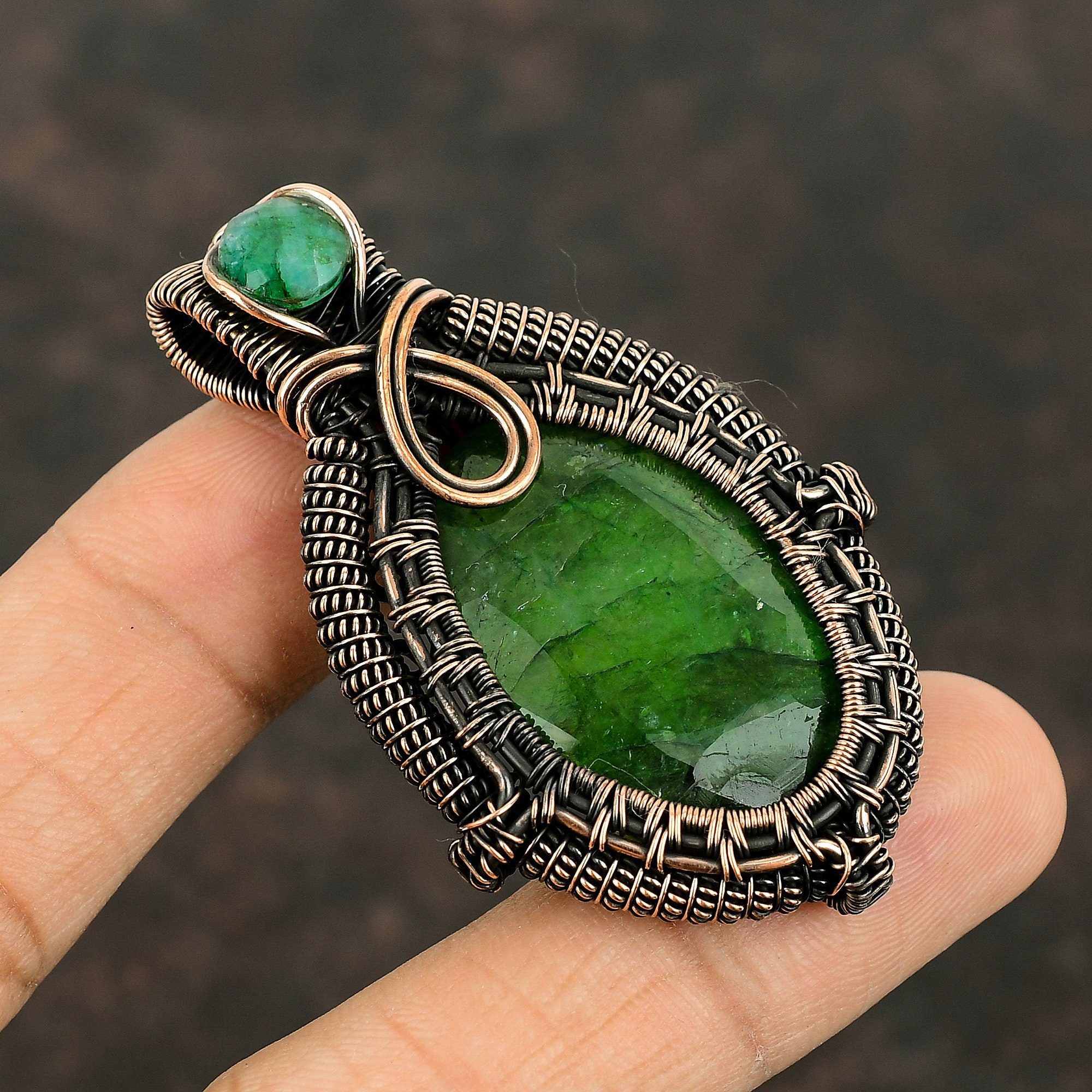 Faceted Zambian Emerald Copper Pendant Copper Wire Wrapped