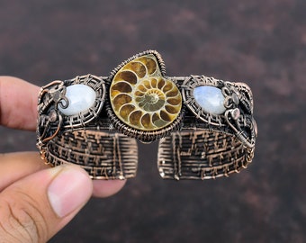 Ammonite Fossil Cuff Bracelet Copper Wire Wrapped Gemstone Bangle Rainbow Moonstone Cuff Bracelet Adjustable Bangle Handmade Copper Jewelry