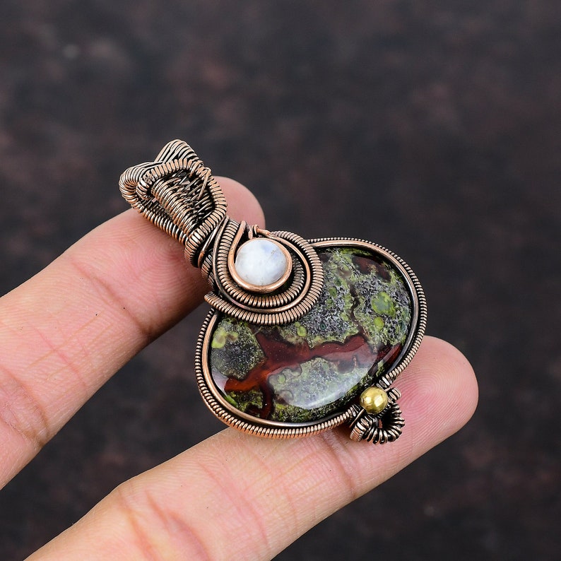 Dragon Bloodstone Pendant Copper Wire Wrapped Rainbow Moonstone Pendant Handmade Pendant Copper Wire Wrap Jewelry Gemstone Pendant For Gift image 2