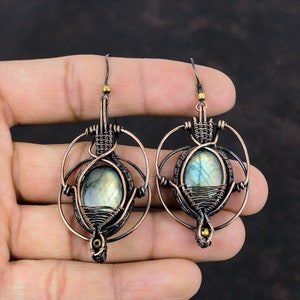 Labradorite Earring Copper Wire Wrapped Earring Natural Gemstone Jewelry Handmade Earrings Copper Wire Jewelry For Gifts Dangle Drop Earring