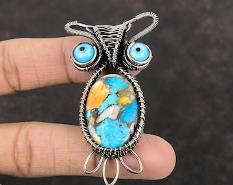 Spiny Oyster Kupfer Türkis Anhänger Kupferdraht Eingewickelt Edelstein Anhänger Blaue Farbe Evil Eye Anhänger Eule Anhänger Handmade Kupfer Schmuck