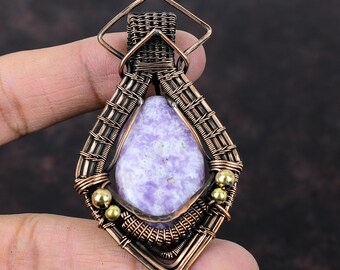Pendentif lépidolite fil de cuivre enveloppé pendentif véritable pierre précieuse pendentif fait main fil de cuivre Wrap bijoux cadeau pour mère bijoux lépidolite