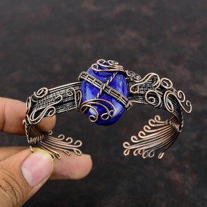 Lapis Lazuli Copper Bangle Wire Wrapped Gemstone Cuff Bracelet Adjustable Cuff Copper Jewelry Handmade Bangle Wire Wrap Jewelry Gift For Mom