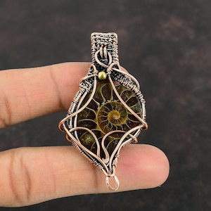 Ammonite Fossil Pendant Copper Wire Wrapped Pendant Gemstone Copper Jewelry Handmade Dainty Pendant Ammonite Fossil Jewelry Pendant For Gift