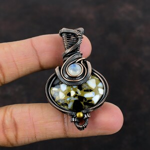 Copper Black & White Turquoise Pendant Copper Wire Wrapped Pendant Rainbow Moonstone Gemstone Pendant Handmade Copper Wire Jewelry For Gift