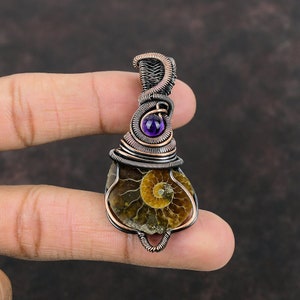 Ammonite Fossil Pendant Copper Wire Wrapped Pendant Handmade Copper Jewelry African Amethyst Pendant Wire Wrap Gemstone Jewelry Gift For Her