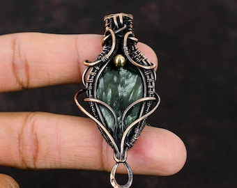 Seraphinite koperen hanger koperdraad verpakte hanger edelsteen designer sieraden handgemaakte unieke sieraden cadeau voor vriend serafiniet sieraden