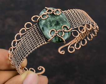 Seraphinite Cuff Bracelet Copper Wire Wrapped Gemstone Jewelry Handmade Copper Cuff Bracelet Wire Wrap Bangle Gift For Her Adjustable Bangle