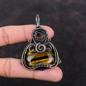 Tiger&#39;s Eye Pendant Copper Wire Wrapped Pendant Gemstone Pendant Unique Copper Design Jewelry Handmade Pendant Wire Wrapped Jewelry For Gift