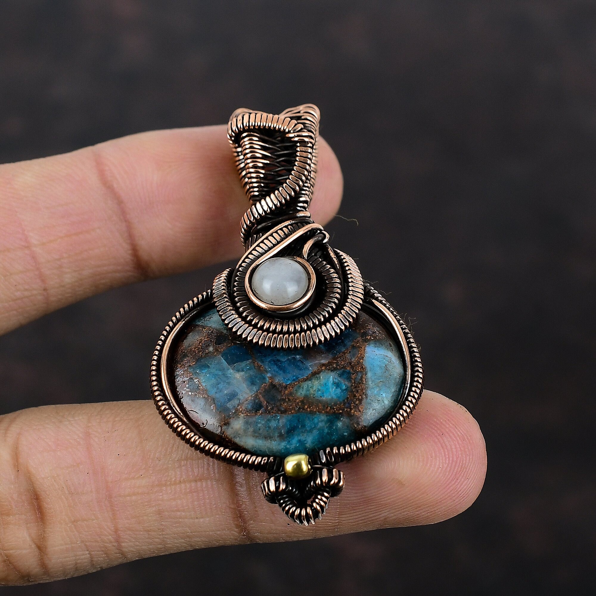 Copper Neon Apatite Pendant Copper Wire Wrapped Pendant Handmade Jewelry Rainbow Moonstone Pendant Copper Jewelry Gemstone Pendant For Gift