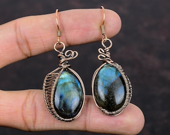 Labradorite Earring Copper Wire Wrapped Earrings Handmade Copper Jewelry Genuine Gemstone Earring Wire Wrapped Jewelry Special Occasion Gift