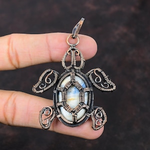 May include: A copper wire turtle pendant with a blue and white agate stone in the center. The pendant is held by a finger.