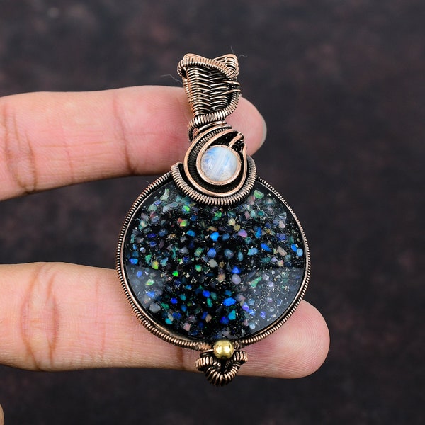 Black Ethiopian Opal Pendant Copper Wire Wrapped Pendant Rainbow Moonstone Pendant Gemstone Pendant Handmade Copper Jewelry Anniversary Gift