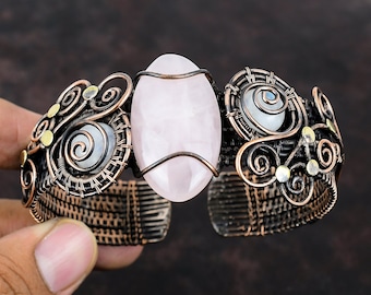 Rose Quartz Cuff Bracelet Copper Wire Wrapped Bangle Moonstone Bangle Adjustable Cuff Copper Jewelry Gift For Her Handmade Gemstone Bracelet