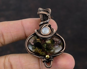 Colgante de turmalina sandía envuelto en alambre de cobre, colgante de piedra lunar arcoíris, colgante de cobre, regalo para madre, colgante hecho a mano