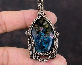 Colgante de turmalina sandía envuelto en alambre de cobre, hecho a mano, joyería de turmalina sandía, colgante de piedra preciosa, joyería de cobre para regalo.