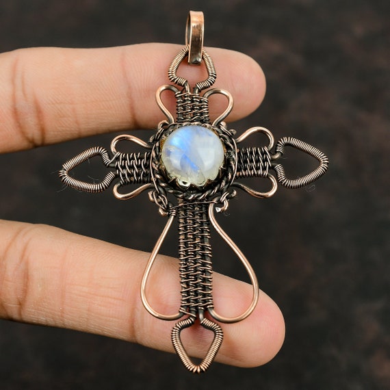 Wire Wrapped Copper Cross Pendant with Moonstone