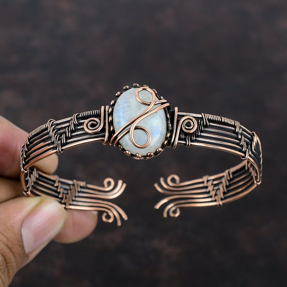 Rainbow Moonstone Bangle Copper Wire Wrapped Cuff Bracelet