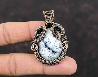 Colgante de ópalo dendrita envuelto en alambre de cobre, colgante de piedra preciosa, joyería de ópalo dendrita hecha a mano, colgante para mujer, regalo de aniversario, joyería de alambre de cobre