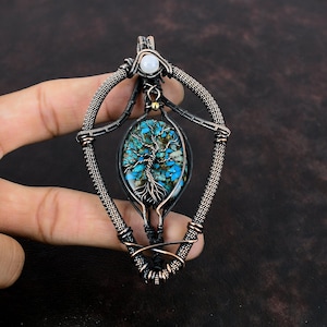 Tree Of Life Copper Chrysocolla Pendant Copper Wire Wrapped Rainbow Moonstone Pendant Gemstone Copper Jewelry For Gift Handmade Boho Pendant