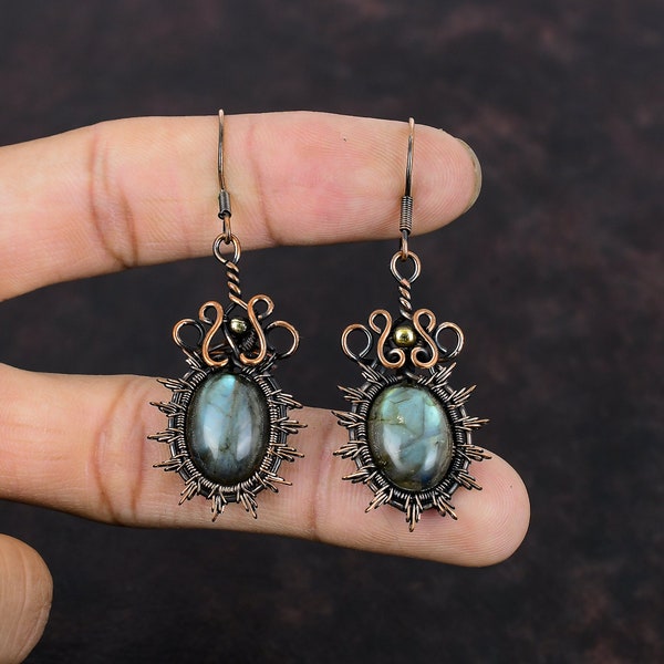 Labradorite Earring Copper Wire Wrapped Earrings Handmade Earrings Genuine Gemstone Earrings Unique Copper Wire Jewelry Ethnic Style Earring