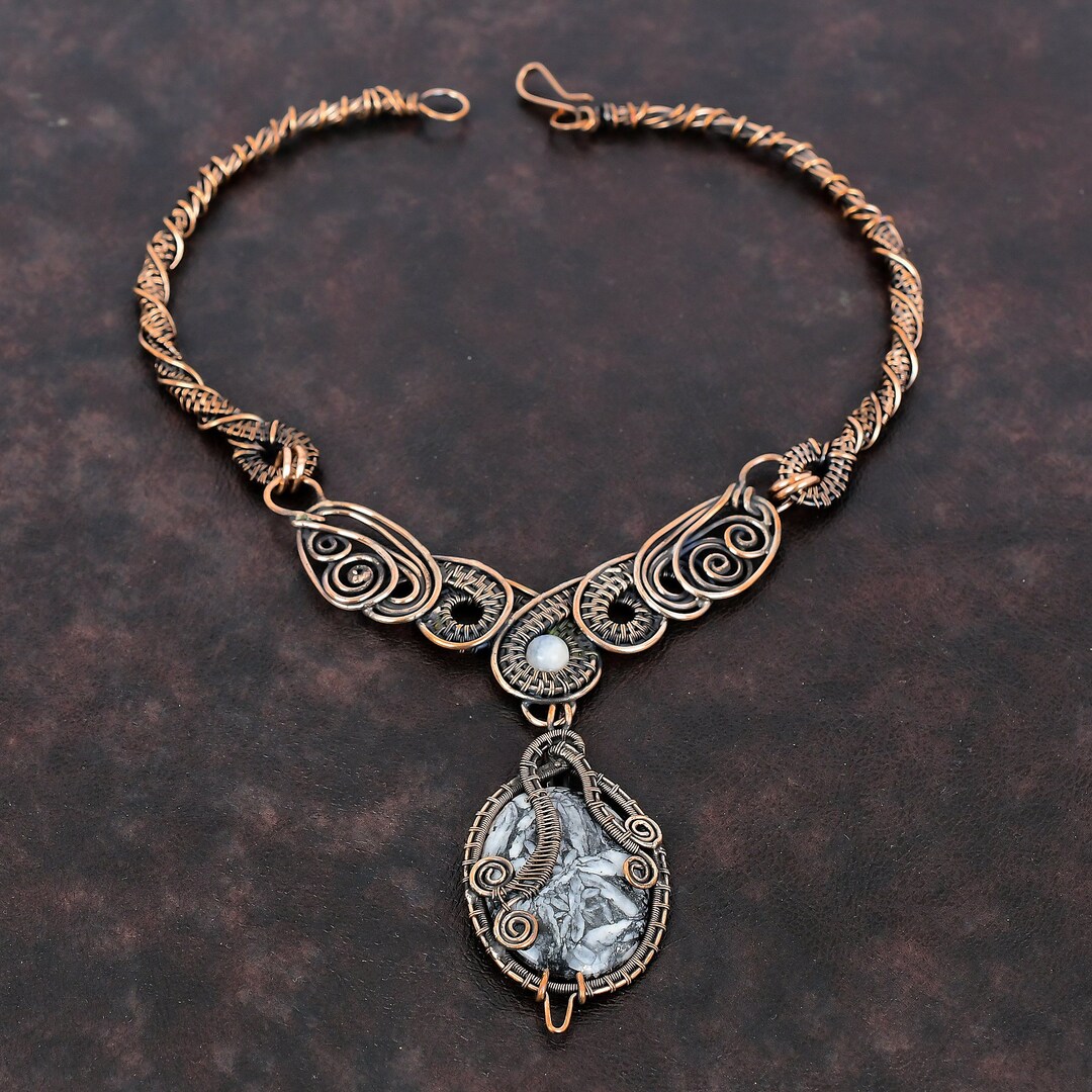 Pinolith Jasper Necklace Copper Wire Wrapped Necklace Rainbow Moonstone ...