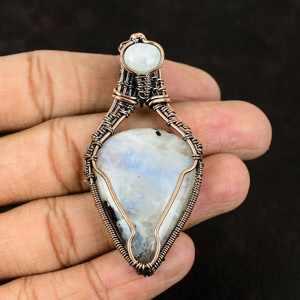 Rainbow Moonstone Pendant Copper Wire Wrapped Pendant Copper Jewelry Moonstone Handmade Pendant Decent Gemstone Wire Jewelry Gift For Her