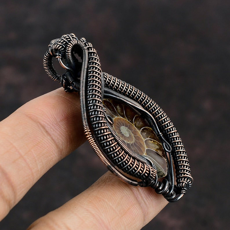 Ammonite Fossil Pendant Copper Wire Wrapped Gemstone Jewelry Copper Pendant Ammonite Fossil Jewelry Handmade Wire Wrap Pendant Gift For Him image 3