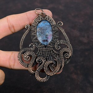 Ruby In Blue Kyanite Pendant Copper Wire Wrapped Pendant Handmade Pendant Octopus Pendant Gemstone Copper Wire Jewelry Special Occasion Gift