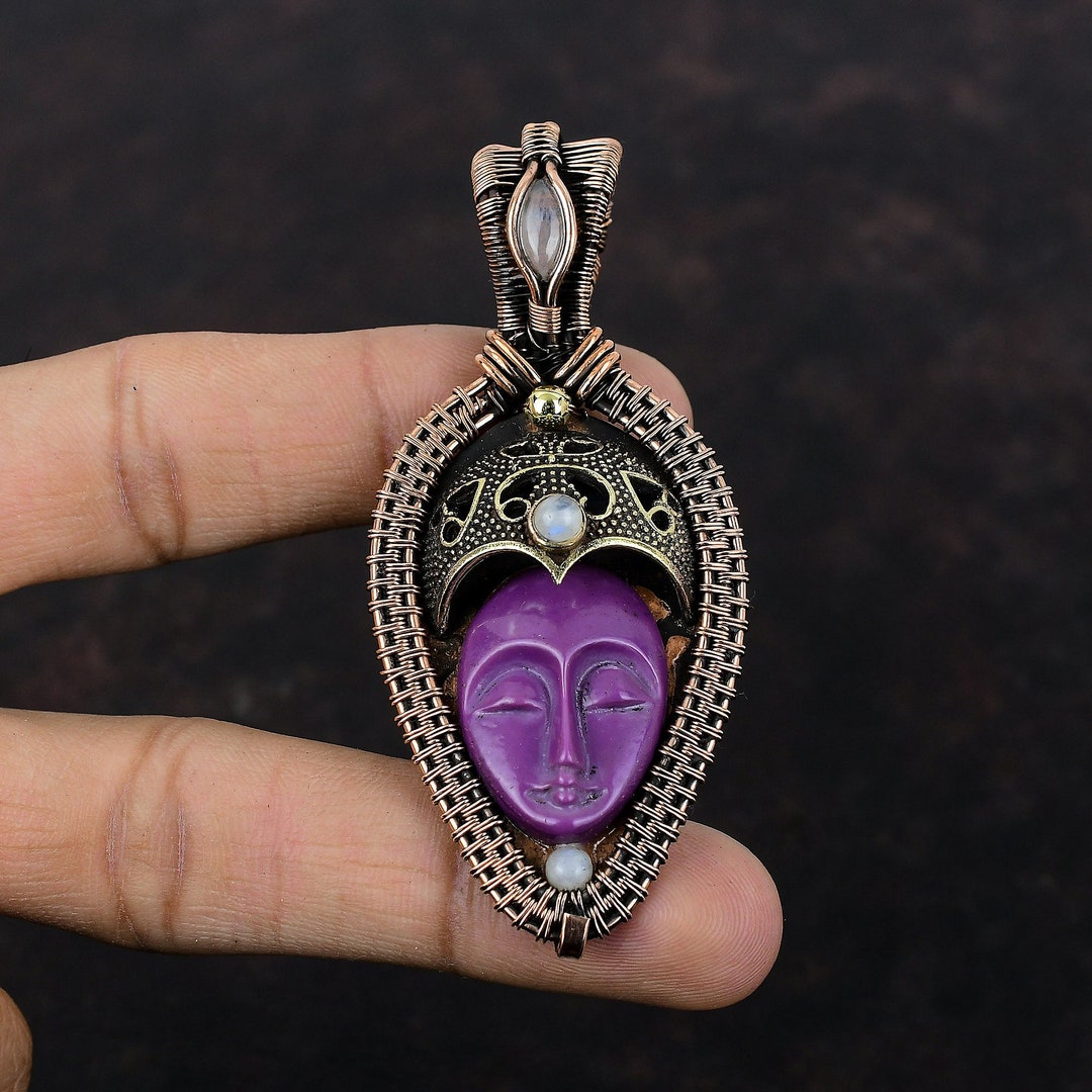 Purple Carved Bone Face Pendant Copper Wire Wrapped Gemstone Pendant Rainbow Moonstone Pendant