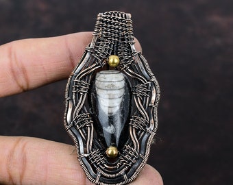 Orthoceras Fossil Pendant, Copper Wire Wrapped Boho Jewelry