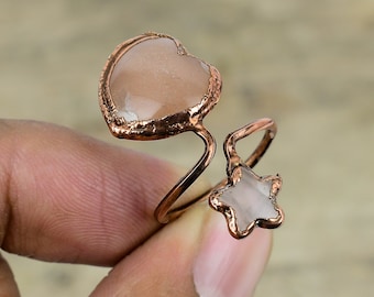 Rose Quartz Ring Electroformed Copper Ring Gemstone Jewelry Handmade Adjustable Ring Rainbow Moonstone Ring Electroformed Jewelry For Gifts
